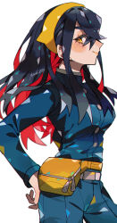 Rule 34 | 1girl, black hair, blue jacket, blue pants, blueberry academy school uniform, blush, carmine (pokemon), colored inner hair, commentary request, creatures (company), game freak, hairband, highres, jacket, kawasaki (kwsk 8765), long hair, multicolored hair, nintendo, pants, pokemon, pokemon sv, profile, red hair, school uniform, simple background, smile, solo, twitter username, two-tone hair, white background, yellow eyes, yellow hairband