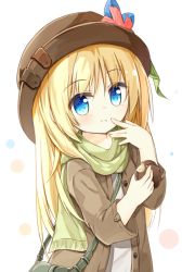 Rule 34 | 1girl, :t, bag, blonde hair, blue eyes, blush, brown coat, brown hat, closed mouth, coat, eating, food, green scarf, hand to own mouth, hat, holding, holding food, long hair, long sleeves, looking at viewer, multicolored polka dots, open clothes, open coat, original, polka dot, scarf, shirt, shoulder bag, simple background, solo, white background, white shirt, yuuhagi (amaretto-no-natsu)