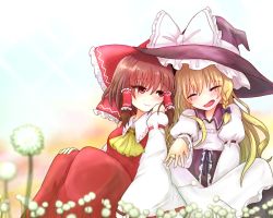 Rule 34 | 2girls, ^ ^, ascot, back-to-back, blonde hair, blush, bow, braid, breasts, brown eyes, brown hair, closed eyes, collared shirt, commentary, couple, dandelion, detached sleeves, dress, flower, hair bow, hair tubes, hakurei reimu, happy, jewelry, juliet sleeves, kirisame marisa, large bow, long skirt, long sleeves, medium breasts, mochi547, multiple girls, puffy sleeves, ring, shared hat, shirt, side-by-side, side braid, single braid, sitting, skirt, smile, touhou, wedding ring, wide sleeves, wife and wife, yellow ascot, yuri