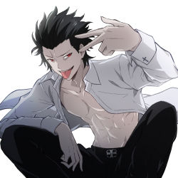 Rule 34 | &gt;:), 1boy, :d, abs, azami masurao, belt, belt buckle, black hair, black pants, buckle, collarbone, collared shirt, commentary request, cross, dress shirt, feet out of frame, hair slicked back, long sleeves, looking at viewer, male focus, melty blood, michael roa valdamjong, no nipples, open clothes, open mouth, open shirt, pants, red eyes, shirt, short hair, simple background, smile, solo, squatting, teeth, toned, toned male, tongue, tongue out, tsukihime, tsukihime (remake), tsurime, upper teeth only, v-shaped eyebrows, w, white background, white shirt, wing collar