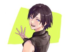 1girl bare_shoulders black_dress black_hair blue_eyes collared_dress dress frilled_sleeves frills from_behind hair_behind_ear hair_between_eyes hand_up kingdom_hearts looking_back mukashino open_mouth rectangle short_hair simple_background smile solo teeth waving white_background xion_(kingdom_hearts)