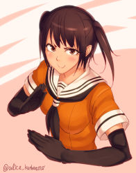 Rule 34 | 10s, 1girl, blush, brown eyes, brown hair, elbow gloves, gloves, kantai collection, kate (alice catharsis), looking at viewer, personification, sendai (kancolle), short hair, smile, solo, twintails, twitter username, two side up