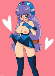 Rule 34 | 1girl, absurdres, bottomless, breasts, breasts out, glasses, gluko, highres, large breasts, long hair, looking at viewer, nipples, no panties, open mouth, purple eyes, purple hair, rokumon tengai mon colle knight, solo, standing, tagme