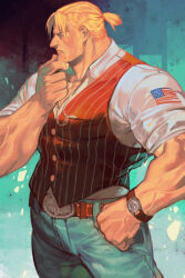 Rule 34 | beard, belt, belt buckle, blue pants, brown vest, buckle, cowboy shot, denim, facial hair, from side, guile, hand on own chin, hungry clicker, male focus, muscular, official alternate costume, pants, ponytail, shirt, short hair, street fighter, street fighter 6, veins, vest, white shirt
