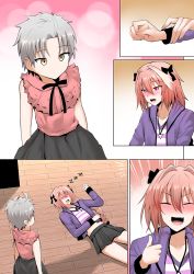 Rule 34 | 2boys, ahoge, astolfo (fate), astolfo (memories at trifas) (fate), black ribbon, blush, braid, braided ponytail, collarbone, comic, cross, cross necklace, crossdressing, dress, drooling, closed eyes, fang, fate/grand order, fate (series), ginhaha, grey hair, hair ribbon, jacket, jewelry, long hair, male focus, multicolored hair, multiple boys, navel, necklace, nose blush, official alternate costume, open mouth, pink eyes, pink hair, ribbon, short hair, skirt, sleeping, streaked hair, thumbs up, trap, wooden floor, zzz