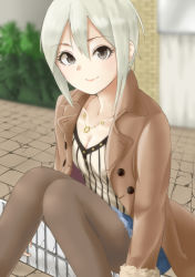 Rule 34 | 1girl, black eyes, black pantyhose, blue shorts, breasts, brown coat, cleavage, coat, collar, ginnote, hair between eyes, idolmaster, idolmaster cinderella girls, jewelry, looking at viewer, medium breasts, necklace, open clothes, open coat, outdoors, pantyhose, pantyhose under shorts, shiomi syuko, shirt, short hair, short shorts, shorts, silver hair, sitting, smile, solo, striped clothes, striped shirt, vertical-striped clothes, vertical-striped shirt