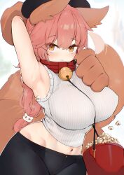 Rule 34 | 1girl, absurdres, animal ear fluff, animal ears, animal hands, arm behind head, arm up, armpits, bare shoulders, bell, black hat, black pants, blush, breasts, collar, fate/extra, fate/grand order, fate (series), food, fox ears, fox girl, fox tail, gloves, hair between eyes, hat, highres, jingle bell, large breasts, long hair, looking at viewer, neck bell, pants, paw gloves, pink hair, ponytail, popcorn, rottenweiler, shirt, sidelocks, sleeveless, sleeveless shirt, smile, solo, tail, tamamo (fate), tamamo cat (fate), white shirt, yellow eyes