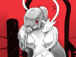 Rule 34 | 1girl, absurdres, breasts, coat, fur coat, hair over one eye, highres, nude, red eyes, sitting, skullgirls, squigly (skullgirls), stitched mouth, stitches, toshinoshin, zombie