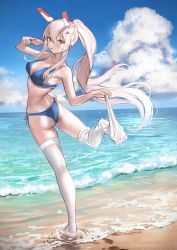 Rule 34 | 1girl, :p, absurdres, alternate costume, armpits, ass, ayanami (azur lane), azur lane, bare back, beach, bikini, blue bikini, blue sky, breasts, catumi (ta938 ka23), cleavage, cloud, cloudy sky, commentary request, contemporary, food, from behind, hair ornament, hairclip, headgear, highres, holding, horizon, long hair, looking at viewer, looking back, midriff, ocean, orange eyes, ponytail, popsicle, retrofit (azur lane), side-tie bikini bottom, sidelocks, sky, solo, standing, standing on one leg, swimsuit, thighhighs, thighhighs pull, unworn thighhighs, tongue, tongue out, wet, wet thighhighs, white thighhighs, wind