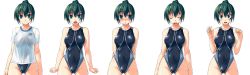 Rule 34 | 1girl, blush, bosshi, breasts, competition swimsuit, covered erect nipples, covered navel, game cg, green eyes, green hair, gym uniform, highres, long image, medium breasts, mizuno arina, non-web source, one-piece swimsuit, ponytail, see-through, shirt, short hair, swimsuit, swimsuit under clothes, t-shirt, wide image, yarisugi itazura