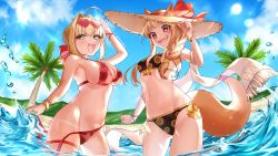 Rule 34 | 2girls, absurdres, ahoge, animal ears, bare shoulders, bikini, black bikini, blonde hair, blue sky, blush, braid, breasts, brown hair, cleavage, collarbone, day, fate/extra, fate (series), floral print, french braid, green eyes, hair between eyes, hair bun, hair intakes, hair over shoulder, hat, heart, heart-shaped eyewear, highres, holo, large breasts, long hair, looking at viewer, medium breasts, multiple girls, navel, nero claudius (fate), nero claudius (fate) (all), nero claudius (fate/extra), open mouth, red bikini, red eyes, single hair bun, sky, smile, spice and wolf, straw hat, swimsuit, tail, thighs, wading, wolf ears, wolf girl, wolf tail, yayoi maka