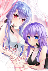 Rule 34 | 2girls, arm under breasts, bare shoulders, black bow, black dress, black ribbon, blue eyes, blue hair, blunt ends, blurry, blurry background, blush, bow, braid, breast hold, breasts, butterfly ornament, chibinon, cleavage, closed mouth, collarbone, commentary request, crown braid, curtains, dress, eyelashes, eyes visible through hair, framed, frilled ribbon, frills, hair between eyes, hair bow, hand up, happy birthday, highres, indoors, large breasts, long hair, looking at viewer, multiple girls, neck ribbon, purple hair, red eyes, ribbon, siblings, sidelocks, sisters, smile, sorakado ai, sorakado ao, summer pockets, twins, upper body, very long hair, white dress, white ribbon, wrist ribbon