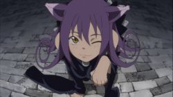 Rule 34 | 00s, 1girl, all fours, animated, animated gif, blair (soul eater), breasts, female focus, large breasts, looking at viewer, purple hair, screencap, smile, soul eater, wink