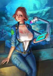 Rule 34 | 1girl, absurdres, artist request, bad id, bad pixiv id, blush, bodysuit, breasts, cleavage, coral, coral reef, fortune (last origin), highres, large breasts, last origin, mechanical arms, oil, open clothes, red eyes, red hair, see-through, short hair, single mechanical arm, smile, tablet pc, thick thighs, thighs, underwater, underwear, wet, wet clothes