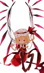 Rule 34 | 1girl, absurdres, adapted costume, black thighhighs, closed mouth, cup, dress, flandre scarlet, frilled dress, frills, full body, hair between eyes, hat, hat ribbon, highres, holding, holding cup, looking at viewer, mob cap, no shoes, puffy short sleeves, puffy sleeves, red dress, red eyes, red ribbon, ribbon, short sleeves, smile, solo, soru (remonntteumai), thighhighs, touhou, white hat, wings