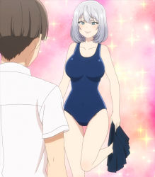 Rule 34 | 1boy, 1girl, assistant (tejina senpai), blue eyes, breasts, covered navel, highres, large breasts, screencap, silver hair, skirt, standing, swimsuit, tejina senpai, tejina senpai (series)