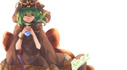 Rule 34 | 1girl, bracelet, cloak, closed mouth, conope, dated, fire emblem, fire emblem: mystery of the emblem, fire emblem heroes, green eyes, green hair, highres, hood, hood up, jewelry, long hair, nintendo, simple background, solo, stone, tiara, tiki (fire emblem), tiki (young) (fire emblem), white background