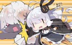 Rule 34 | 1girl, antenna hair, black jacket, braid, breasts, chibi, collared shirt, commentary request, copyright request, dress, grey dress, hair between eyes, hair ornament, highres, jacket, kizuna akari, large breasts, long hair, long sleeves, milkpanda, open clothes, open jacket, open mouth, orange legwear, pantyhose, puffy long sleeves, puffy sleeves, punching, rabbit hair ornament, shirt, silver hair, speed lines, striped clothes, striped legwear, striped pantyhose, sweat, translation request, twin braids, twintails, vertical-striped clothes, vertical-striped legwear, vertical-striped pantyhose, very long hair, voiceroid, white shirt, | |