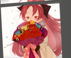 Rule 34 | 1girl, alternate costume, bouquet, coat, flower, food, from outside, gloves, holding, holding bouquet, looking at viewer, mahou shoujo madoka magica, mahou shoujo madoka magica (anime), pocky, red eyes, red hair, ribbon, rose, sakura kyoko, she li (lynxm), solo, water drop, window, winter clothes