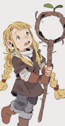 Rule 34 | 1girl, blonde hair, blush, boots, braid, brown footwear, brown gloves, commentary request, dungeon meshi, fingerless gloves, gloves, green eyes, grey background, highres, holding, holding staff, kebe6p, long hair, long sleeves, marcille donato, marcille donato (half-foot), open mouth, pants, sidelocks, simple background, solo, staff, teeth, twin braids, upper teeth only, very long hair