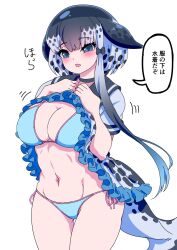 Rule 34 | 1girl, animal print, black hair, blue eyes, blue hair, blush, bob cut, bow, breasts, cetacean tail, cleavage, cleft of venus, clothes lift, dress, embarrassed, female focus, fins, fish tail, grey hair, hair ornament, head fins, highres, holding, holding clothes, japanese text, kemono friends, large breasts, looking at viewer, mamiyama, midriff, multicolored hair, narwhal (kemono friends), navel, open mouth, shirt, shirt lift, short hair, simple background, solo, swimsuit, tail, thighs, translation request, upper body, white background