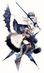 Rule 34 | 1girl, armor, armored boots, black dress, black gloves, blue eyes, boots, closed mouth, dress, eyebrows, fur trim, gloves, greaves, highres, holding, holding sword, holding weapon, knee boots, knee pads, long hair, looking at viewer, original, riuichi, silver hair, simple background, solo, sword, weapon, white background