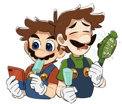 Rule 34 | 2boys, blue eyes, blue overalls, book, brown hair, facial hair, food, gloves, green shirt, hat, highres, luigi, male focus, mario, mario (series), mimimi (mimimim9999), multiple boys, mustache, nintendo, overalls, popsicle, shirt, short hair, unworn hat, unworn headwear, white gloves