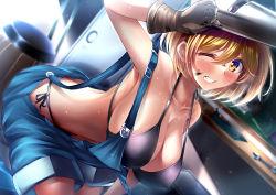Rule 34 | 1girl, barrel, bent over, bikini, bikini under clothes, black bikini, blonde hair, blue overalls, blurry, blurry background, blush, breasts, brown eyes, brown gloves, cleavage, collarbone, dirty, dirty face, djeeta (granblue fantasy), gloves, granblue fantasy, grin, halterneck, hand on mask, highres, large breasts, looking at viewer, mechanic (granblue fantasy), oil, one eye closed, overall shorts, overalls, parted lips, short hair, side-tie bikini bottom, smile, solo, stir255, string bikini, sweat, swimsuit, tools, welding mask, wrench