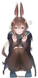 Rule 34 | 1girl, :o, amiya (arknights), animal ears, arknights, ascot, black pantyhose, blue ascot, blue eyes, blue footwear, blush, brown hair, commentary, double v, english commentary, heart, highres, jacket, jewelry, long hair, looking at viewer, mochii, multiple rings, open clothes, open jacket, pantyhose, rabbit ears, rabbit girl, ring, shirt, solo, spoken heart, squatting, thumb ring, v, white background, white shirt