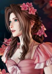 Rule 34 | 1girl, aerith gainsborough, aerith gainsborough (floral delight), artist name, blurry, blurry background, braid, braided ponytail, breasts, brown hair, cleavage, earrings, final fantasy, final fantasy vii, final fantasy vii rebirth, final fantasy vii remake, flower, frilled sleeves, frills, green eyes, hair flower, hair ornament, hair ribbon, highres, jewelry, long hair, medium breasts, official alternate costume, parted bangs, parted lips, pink flower, pink ribbon, pink shirt, ribbon, shanlieart, shirt, short sleeves, sidelocks, single braid, solo, upper body, wavy hair