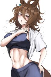 Rule 34 | 1girl, agnes tachyon (umamusume), ahoge, animal ears, blush, breasts, brown hair, chemical structure, chestnut mouth, cleavage, clothes lift, cowboy shot, earrings, grey shorts, grey sports bra, hair between eyes, hand on own ass, highres, horse ears, horse girl, horse tail, jewelry, large breasts, looking at viewer, messy hair, midriff, miya nns35, navel, red eyes, shirt, shirt lift, short hair, shorts, simple background, single earring, solo, sports bra, sweat, sweatdrop, tail, umamusume, white background, white shirt