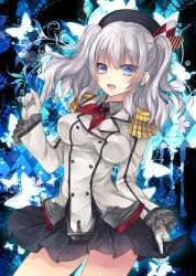 Rule 34 | 10s, 1girl, :d, beret, black skirt, blue eyes, blush, breasts, buttons, contrapposto, cowboy shot, epaulettes, female focus, frilled sleeves, frills, gloves, gluteal fold, hat, index finger raised, kantai collection, kashima (kancolle), kerchief, kobayashi yoshitaka, long sleeves, looking at viewer, military, military uniform, miniskirt, open mouth, pleated skirt, sidelocks, silver hair, skirt, skirt hold, smile, solo, standing, tsurime, twintails, uniform, wavy hair, white gloves