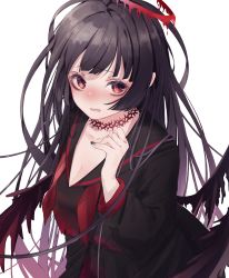 Rule 34 | 1girl, black hair, black nails, black sailor collar, black serafuku, black wings, blue archive, blush, breasts, choker, cleavage, enomoto nao, gradient hair, halo, highres, large breasts, long hair, long sleeves, looking at viewer, multicolored hair, nail polish, neckerchief, parted lips, purple hair, red choker, red eyes, red neckerchief, sailor collar, school uniform, serafuku, simple background, solo, tsurugi (blue archive), undone neckerchief, upper body, very long hair, white background, wings