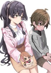 Rule 34 | 1boy, 1girl, belt buckle, black hair, blush, breasts, brown shorts, brown skirt, buckle, character doll, child, grey hoodie, haruyuki (gffewuoutgblubh), hood, hoodie, idolmaster, idolmaster shiny colors, invisible chair, izumi mei, izumi mei&#039;s brother, jacket, long hair, looking at another, looking away, mayuzumi fuyuko, medium breasts, own hands together, pink jacket, shirt, shorts, simple background, sitting, skirt, two side up, very long hair, white background, white shirt