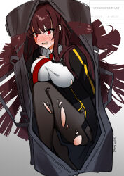 Rule 34 | 1girl, @ @, absurdres, bag, black jacket, blush, breasts, brown hair, collared shirt, commentary request, duffel bag, ert raitsui, girls&#039; frontline, gradient background, grey background, highres, in bag, in container, jacket, large breasts, long hair, looking at viewer, necktie, open mouth, pantyhose, red eyes, red necktie, shirt, solo, sweat, torn clothes, torn pantyhose, torn shirt, twitter username, wa2000 (girls&#039; frontline), white shirt