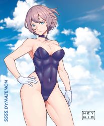 Rule 34 | 1girl, blue eyes, blue sky, breasts, choker, cleavage, cloud, contrapposto, copyright name, cowboy shot, gloves, gridman universe, hand on own hip, heynim, highres, large breasts, leotard, looking at viewer, mujina, playboy bunny, purple hair, purple leotard, short hair, sky, solo, ssss.dynazenon, strapless, strapless leotard, white gloves
