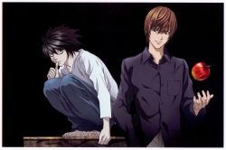 Rule 34 | 00s, 2boys, apple, barefoot, black hair, brown hair, death note, food, fruit, hand in pocket, highres, l (death note), multiple boys, official art, scan, scan artifacts, squatting, yagami light
