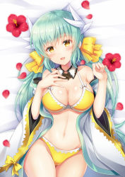 Rule 34 | 1girl, aqua hair, bikini, bow, breasts, cleavage, dragon girl, dragon horns, fate/grand order, fate (series), frilled bikini, frills, hair bow, highres, horns, japanese clothes, kimono, kiyohime (fate), kiyohime (fate/grand order), kiyohime (swimsuit lancer) (fate), kiyohime (swimsuit lancer) (first ascension) (fate), large breasts, long hair, looking at viewer, low twintails, multiple horns, navel, open clothes, open kimono, ribbon, smile, solo, suzumia (daydream), swimsuit, twintails, white kimono, yellow bikini, yellow bow, yellow eyes, yellow ribbon