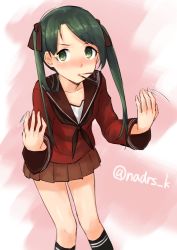 Rule 34 | 10s, 1girl, blush, collarbone, commentary request, food, green eyes, green hair, kantai collection, long hair, looking at viewer, matching hair/eyes, mikuma (kancolle), mouth hold, nazunakku, pocky, pocky day, school uniform, serafuku, skirt, solo, sparkle, standing, twintails, twitter username
