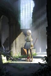 Rule 34 | 1girl, absurdres, black pantyhose, boots, capelet, dress, elf, expressionless, frieren, full body, green eyes, highres, holding, holding staff, holding suitcase, light particles, long hair, looking at viewer, maviss 03, overgrown, pantyhose, pointy ears, ruins, solo, sousou no frieren, staff, suitcase, sunlight, twintails, white capelet, white dress, white hair, window
