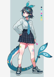 Rule 34 | 1girl, arm at side, bandaged leg, bandages, black hair, black skirt, blue hair, blue hairband, blue necktie, bow hairband, candy, closed mouth, collared shirt, colored inner hair, commentary, fins, fish girl, fish tail, food, full body, grey background, hairband, hand on own hip, highres, holding, holding candy, holding food, holding lollipop, lollipop, long sleeves, miniskirt, monster girl, muco lita, multicolored hair, necktie, original, pink eyes, plaid, plaid skirt, pleated skirt, school uniform, shirt, shoes, simple background, skirt, sneakers, solo, standing, tail, two-tone background, white background, white shirt