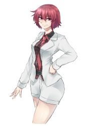 Rule 34 | 1girl, between breasts, breasts, cropped legs, hand on own hip, highres, horikawa raiko, miniskirt, necktie, nicutoka, red eyes, red hair, short hair, skirt, smile, solo, touhou, transparent background