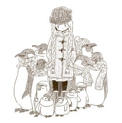 Rule 34 | . ., 1girl, :|, animal, baby penguin, beanie, bird, blush, boots, braid, closed mouth, coat, dot nose, duffel coat, emperor penguin, expressionless, facing viewer, full body, fur-trimmed boots, fur-trimmed hood, fur trim, greyscale, hands in pockets, hat, hood, hood down, hooded coat, long hair, long sleeves, looking away, looking down, looking to the side, low twintails, monaka (siromona), monochrome, nose blush, original, pantyhose, penguin, pom pom (clothes), scarf, simple background, standing, straight-on, twin braids, twintails, very long hair, white background, winter clothes