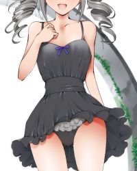 Rule 34 | 10s, 1girl, :d, alternate color, black dress, black panties, blush, dr rex, dress, drill hair, frilled panties, frills, gluteal fold, grey hair, head out of frame, idolmaster, idolmaster cinderella girls, kanzaki ranko, long hair, looking at viewer, open mouth, panties, pantyshot, smile, solo, twin drills, twintails, underwear