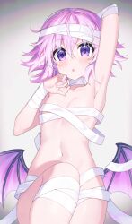Rule 34 | 1girl, :o, arm up, armpits, artist name, bandages, binato lulu, blush, breasts, collarbone, commentary, demon wings, english commentary, hair between eyes, halloween, halloween costume, hand up, highres, leg up, looking at viewer, low wings, mummy costume, naked bandage, navel, neptune (neptunia), neptune (series), parted lips, pink hair, purple eyes, short hair, signature, simple background, small breasts, solo, white background, wings