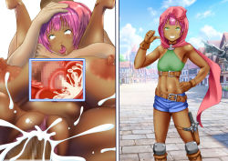 Rule 34 | 1girl, ahegao, blush, boots, breasts, breasts apart, breasts out, censored, clenched teeth, cloak, cloud, cross-section, cum, cum in pussy, dark-skinned female, dark skin, day, ejaculation, gloves, green eyes, groin, hand on own hip, highres, hood, hooded cloak, huge breasts, impregnation, instant loss, internal cumshot, large areolae, legs, legs up, looking at viewer, midriff, mosaic censoring, multiple views, navel, nipples, no panties, ochiyo-san, orgasm, original, outdoors, penis, pink hair, pussy, reverse suspended congress, rolling eyes, sex, sex from behind, short hair, short shorts, shorts, sky, small breasts, smile, standing, teeth, thighs, vaginal