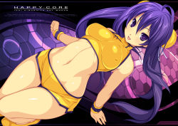 Rule 34 | 1girl, :d, ahoge, bare shoulders, blush, breasts, bun cover, chinese clothes, english text, covered erect nipples, highres, impossible clothes, impossible shirt, kinoshita ichi, large breasts, long hair, midriff, navel, open mouth, original, purple eyes, purple hair, shirt, shoes, shorts, smile, solo, twintails, wide hips, wristband