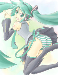 Rule 34 | 1girl, aqua hair, ass, bad id, bad pixiv id, detached sleeves, hatsune miku, panties, pantyshot, satogo, solo, striped clothes, striped panties, thighhighs, twintails, underwear, vocaloid, wind, wind lift