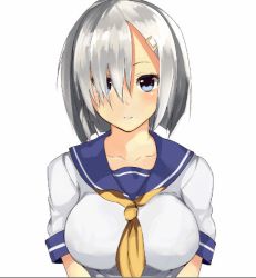 Rule 34 | 10s, 1girl, animated, animated gif, bad id, bad pixiv id, blue eyes, bouncing breasts, breasts, closed eyes, emofuri, gohan (gohanchang), hair ornament, hair over one eye, hairclip, hamakaze (kancolle), head tilt, kantai collection, large breasts, md5 mismatch, school uniform, serafuku, silver hair, simple background, skirt, solo, ugoira, upper body, white background
