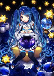 Rule 34 | 1girl, ahoge, astronaut, black thighhighs, blue hair, blue theme, blush, breasts, cleavage, cleavage cutout, clothing cutout, collar, earrings, full body, globe, hair ornament, hairclip, head tilt, helmet, holding, holding helmet, jewelry, kiritani846, large breasts, long hair, looking at viewer, open mouth, original, paint can, paintbrush, personification, pixiv-tan, purple eyes, sitting, small stellated dodecahedron, smile, solo, space helmet, space pixiv-tan, star (symbol), star earrings, swept bangs, teeth, thighhighs, unworn headwear, unworn helmet, very long hair, wavy hair